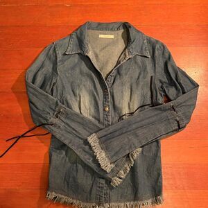 Old Forever 21 Women's Unique Denim Shirt with Fringe Detailing